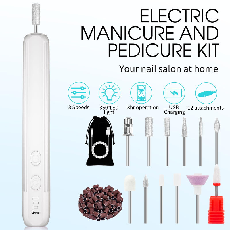 Electric Nail Drill, Professional Manicure Pedicure Kit, Cordless Electric Nail File Set, Rechargeable Pedicure Tools for feet, 3 Speeds Hand Foot Care Nail Drill for Thick Nail Toenail Cuticle-White White - BeesActive Australia
