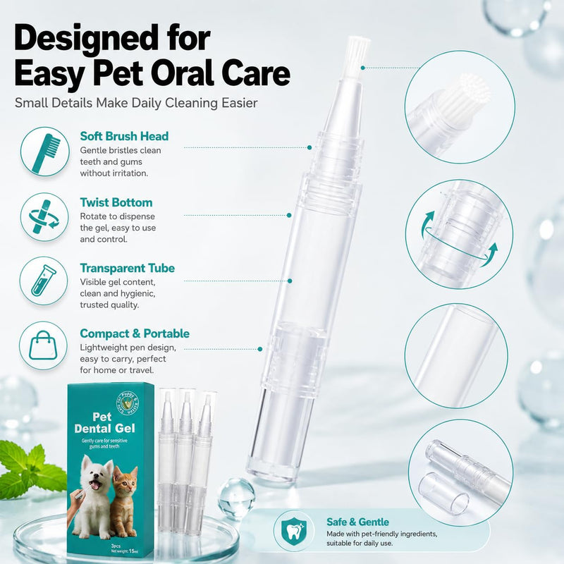 Pet Teeth Cleaning Gel for Dogs and Cats, 3 Pcs – Remove Bad Breath, Plaque & Tartar – No Brushing Needed, Fresh Breath Spray Alternative – Gentle Oral Care for Puppies, Kittens, Small & Large Pets white
