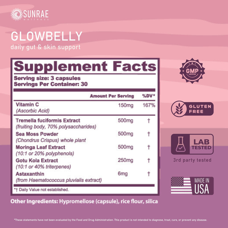 Sunrae Glowbelly Beauty Supplement with Sea Moss, Astaxanthin, Moringa, & Vitamin C for Glowing Skin, Hydration, Healthy Aging & Gut Health – 90 Capsules