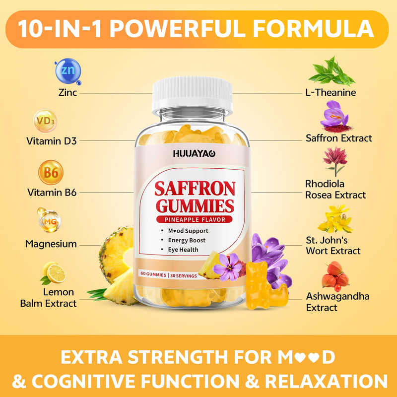 10-IN-1 Saffron Gummies, Sugar Free Saffron Supplements with Ashwagandha, L-Theanine, Rhodiola Rosea, Vitamin D3, B6, Magnesium & Zinc for Mood, Energy, Focus Support, Pineapple Flavor, 120 Count 120 Count (Pack of 1)