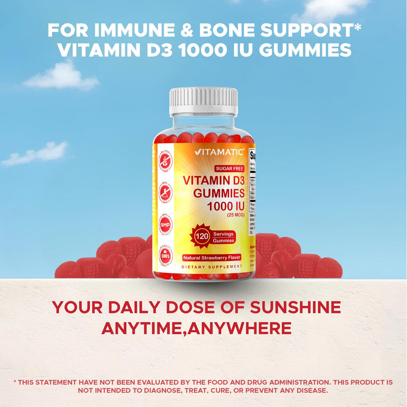 Vitamatic Sugar Free Vitamin D3-120 Pectin Based Gummies - Great Taste - Healthy Bones, Mood & Immune System Function - Non-GMO - 120 Servings (1000 IU) | Natural Strawberry Flavor, Sugar Free, Non GMO, Gluten Free 1000 IU