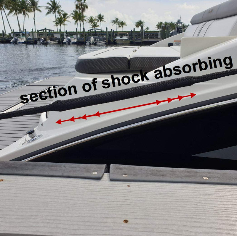 Shockline 1/2 Inch Dock Line with Integrated Shock Absorber, Double Braided, Polyester, 15, 25, 35 FT, Hand Spliced 12" Eye, Black 1/2" x 15' - BeesActive Australia