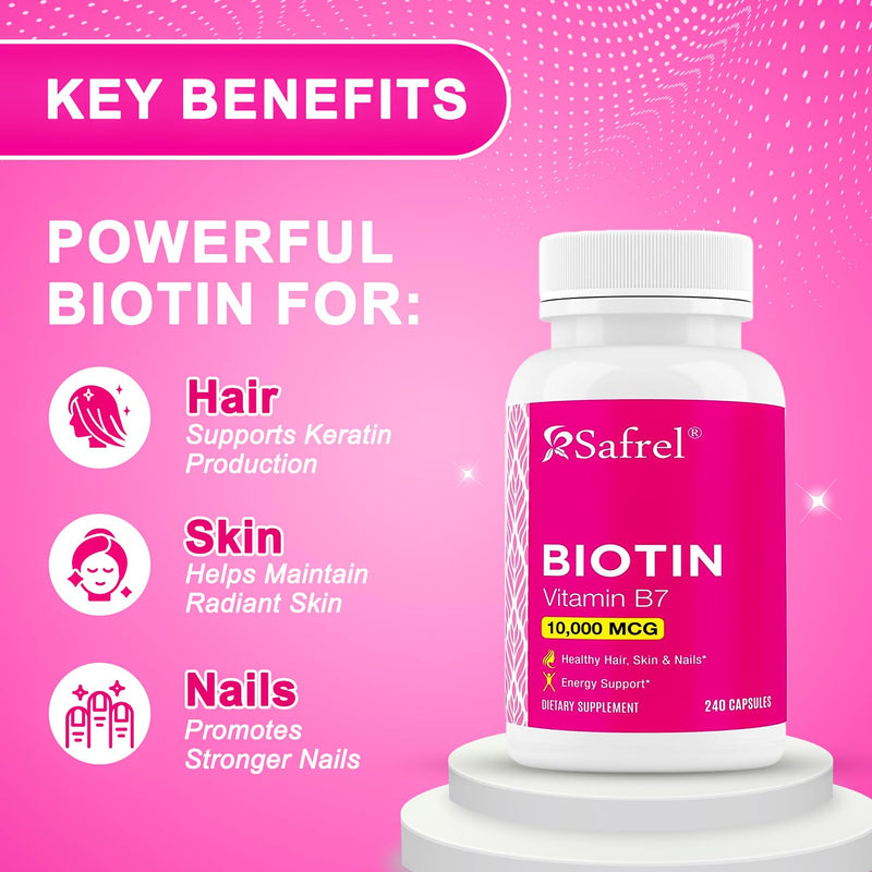Safrel Biotin (Vitamin B7) 10,000mcg (10mg) Vitamin Supplement, 240 Capsules - Vegetarian, Gluten Free, Quick Release, Non-GMO