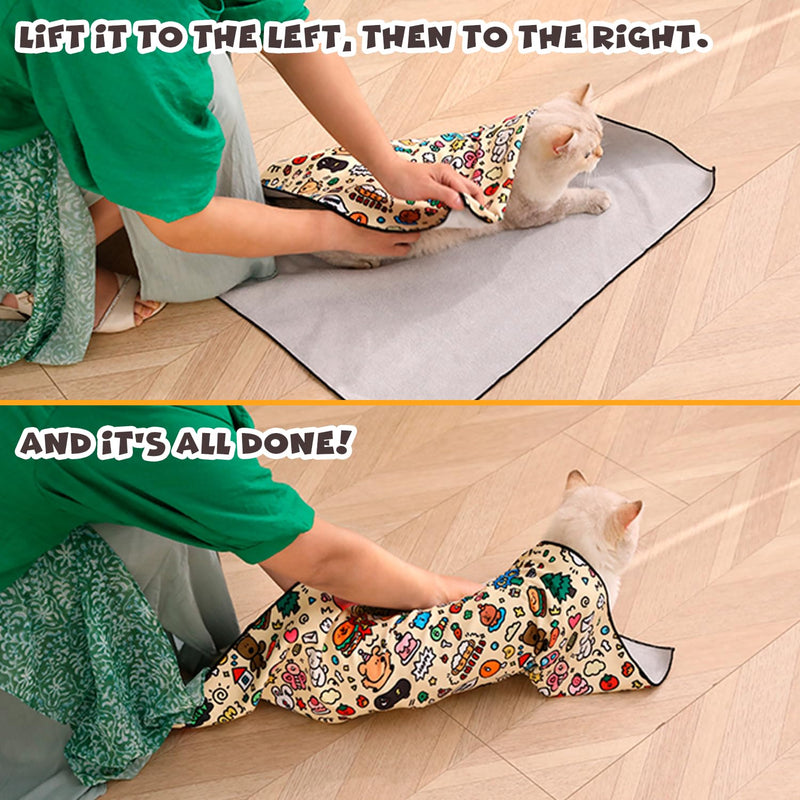 Cat Grooming Wrap, Self-Adherent Soft Cat Blanket to Wrap, Nail Clipping, Anti-Bite, Anti-Scratch, Anti-Escape Calming Wrap (Cute Prints, 6-10 lbs) Cute Prints - BeesActive Australia