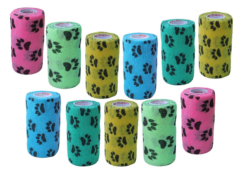 Prairie Horse Supply 4 Inch Vet Wrap Tape Bulk (Paw Prints Variety) (Pack of 12) Self Adhesive Adherent Adhering Flex Bandage Grip Roll for Dog Cat Pet 12 Rolls Paw Prints