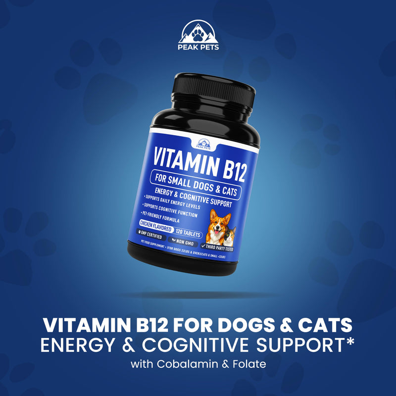 Vitamin B12 Supplement for Small Dogs & Cats with Cobalamin, Folate - Vitamin B12 Dogs and Cats Tablet Energy & Cognitive Support - 120 Chicken Flavored Chewable Tablets -Third Party Tested, Non GMO