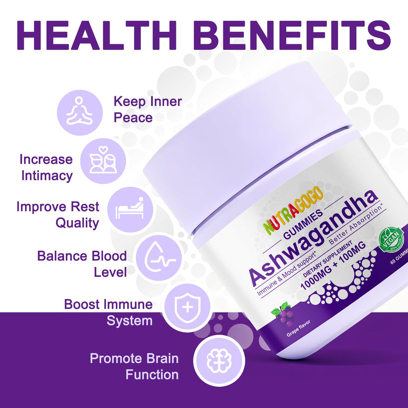 Ashwagandha Gummies & Vitamin D3 Gummies Organic Aswangdha Supplement for Improve Sleep, Stress Relief & Mood Calm (Grape Berry,Non-GMO, Gluten-Free & Sugar Free)-2 Pack 60 Count (Pack of 2) Grape