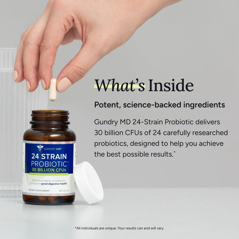 Gundry MD® 24 Strain Probiotic, 30 Billion CFU, 30 Capsules | Gut Health Support & Digestive Balance, Reduced Gas & Bloating, Lactobacillus and Bifidobacterium, 1 Daily Capsule