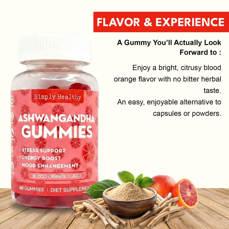 Premium Ashwagandha Gummies, Stress Support with Blood Orange Flavor, Vegan, Easy to Chew, Daily Aid, Energy Booster, Mood Enhancer, for Both Men and Women, 60 Gummies