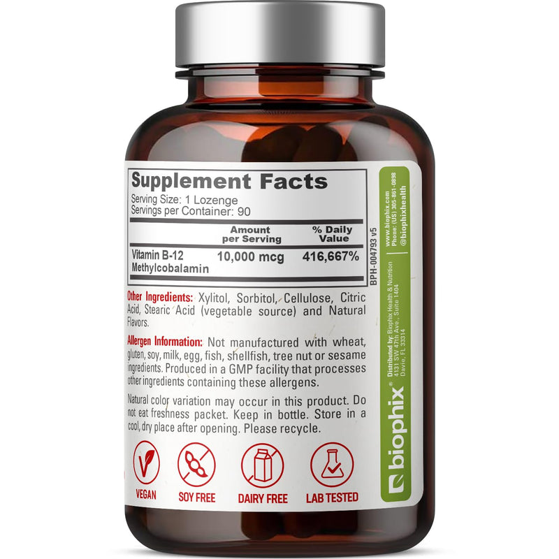 biophix Methyl B-12 10000 mcg 90 Vegan Lozenges Cherry Flavor Extra Strength - Supports Nervous System Immune Health Blood Flow Metabolism Brain Focus Energy
