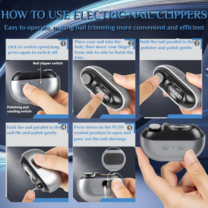 Electric Nail Clippers for Seniors, 2026 3 in 1 Easy Clip Electric Nail Clipper Multifunctional Electric Easy Clip Nail Clippers for Adults，Kids with Polishing and 2 Speeds (Grey) Grey - BeesActive Australia