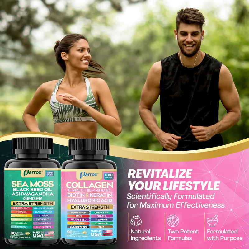 Sea Moss & Collagen Support Bundle, Black Seed Oil, Radiant Wellness Set | Black Seed Oil, Ashwagandha, Ginger, Collagen I-X, Biotin, Keratin, Burdock, Turmeric, Vitamin D3, Magnesium 150 Count (Pack of 2)