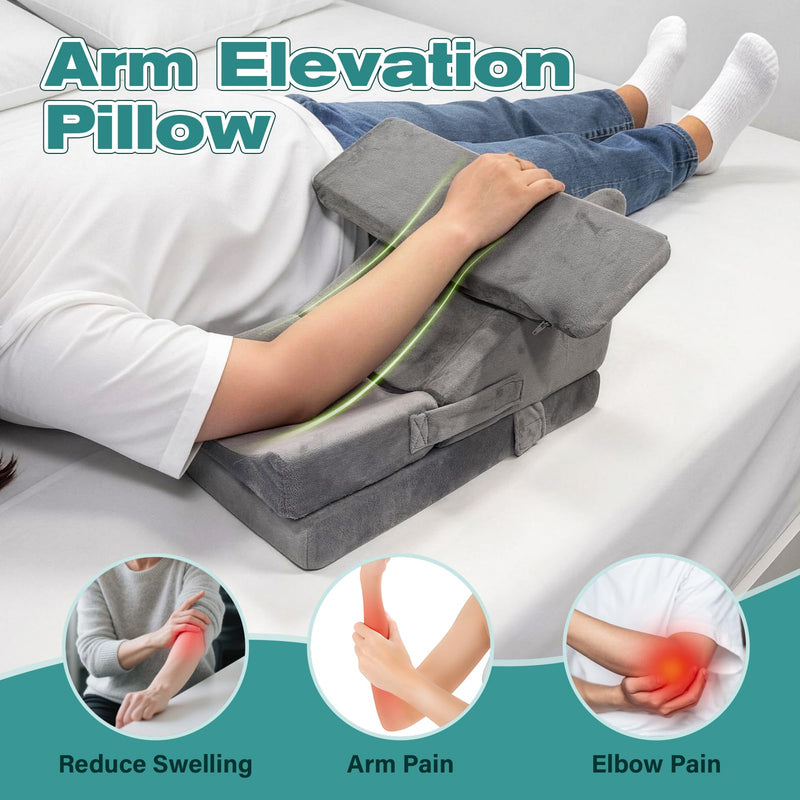 Arm Wedge Pillow Adjustable Arm Elevation Pillow with Pocket High Density Foam Ergonomic Hand Elbow Support Pillows with Removable Cover, Grey