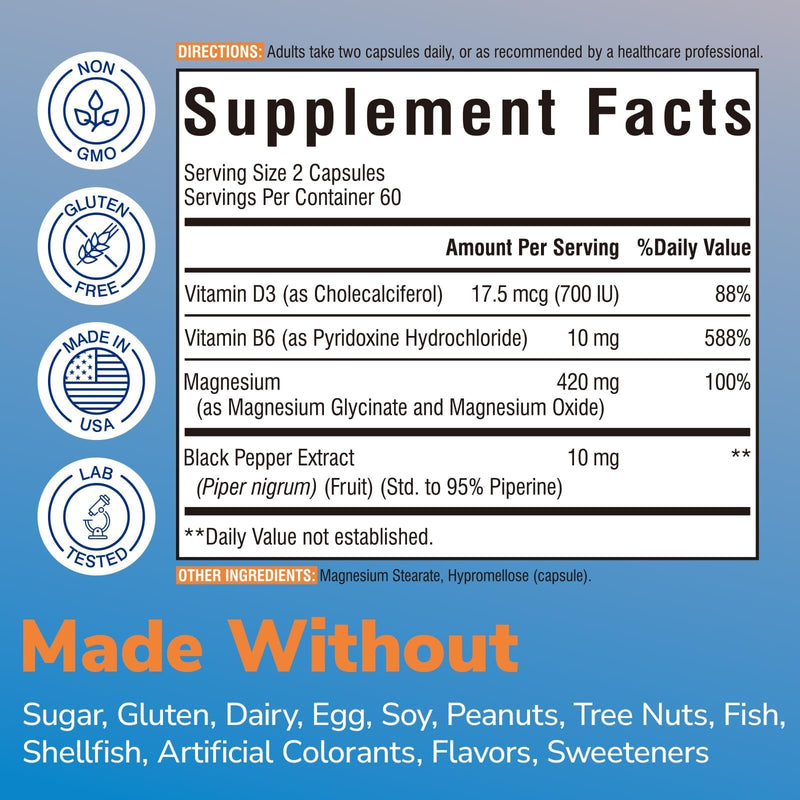 Vitalibre Magnesium Glycinate 420mg with Vitamin D3 B6, 120 Vegan Capsules | Chelated & Buffered Magnesium Supplement | High Absorption for Nerve, Bone, Heart, Mood, Sleep Support, Non-GMO 120 Count (Pack of 1)