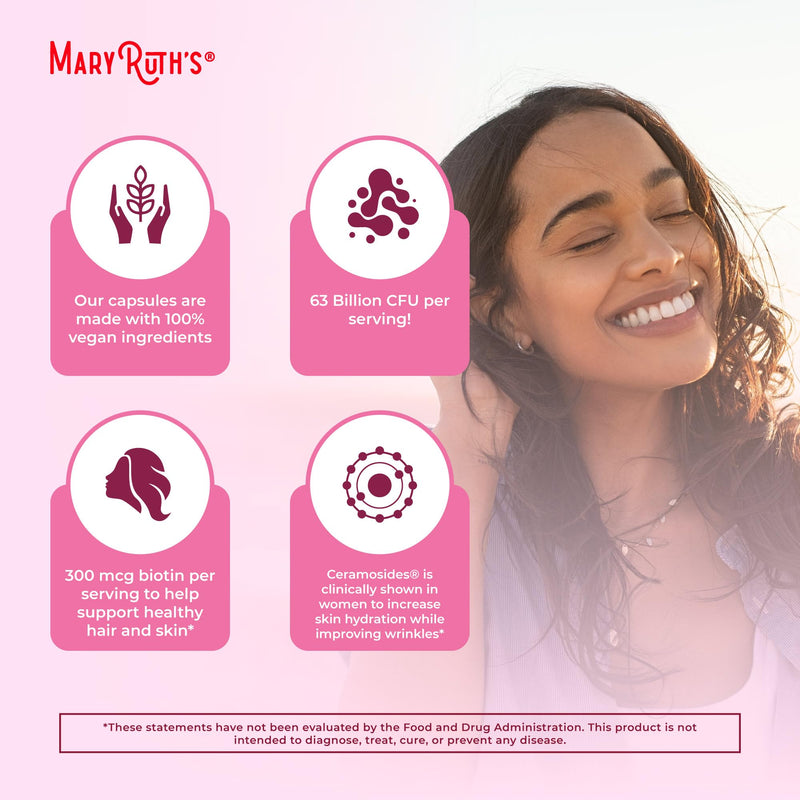 MARYRUTH'S Probiotic Beauty Capsules, Gut Health, Vegan Collagen Support | Red Orange Complex & Ceramosides, Anti Aging, Hair Skin and Nails Vitamins 60 Count (Pack of 1)