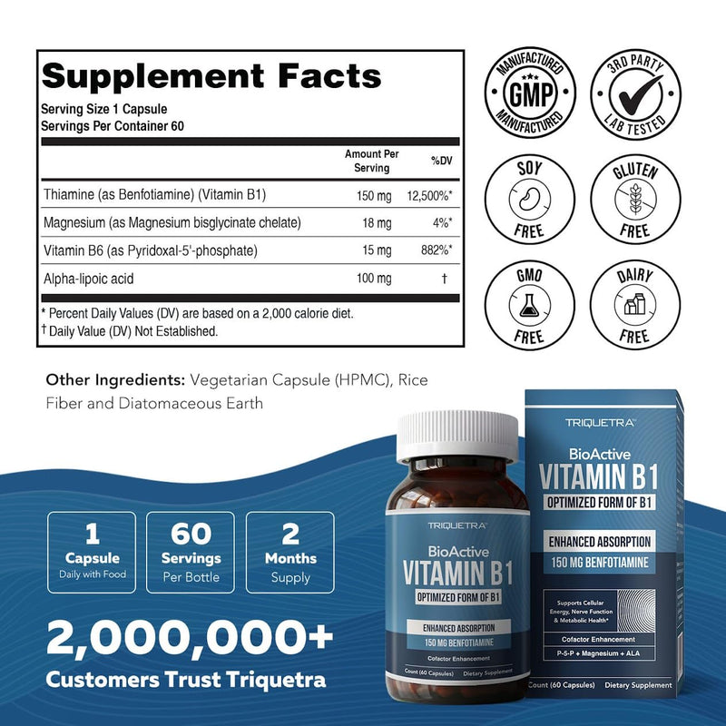 BioActive Vitamin B1 - 150mg Benfotiamine Capsules, Fat-Soluble Thiamine Supplement for Nerve, Energy & Metabolic Support with Magnesium & Alpha-Lipoic Acid - Foundational Strength, Non-GMO (60ct) 150 MG