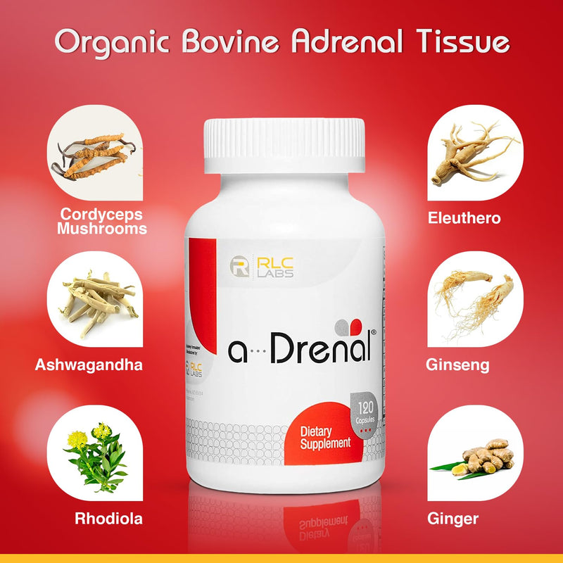 RLC Labs a-Drenal, 120 Capsules - Herbal, Cortisol Supplement with Ashwagandha, Ginger & Rhodiola to Support Balance, Mood, Energy & Vitality - Adrenal Support Formula (1 Month Supply) 120 Count (Pack of 1) - BeesActive Australia