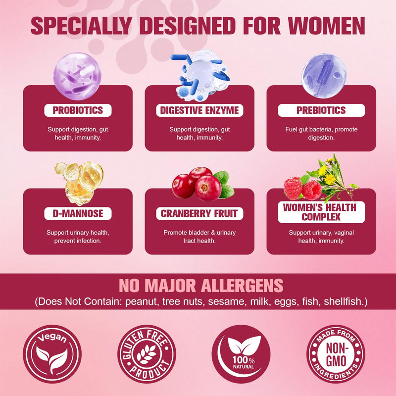 Totaria (2 Packs) Probiotics for Women, 120 Billion Women Probiotic, Digestive Enzymes & Prebiotics, with Akkermansia, Cranberry, D-Mannose, for Gut, Urinary, Immune, PH Balance, 240 Vegan Capules 120 Count (Pack of 2)