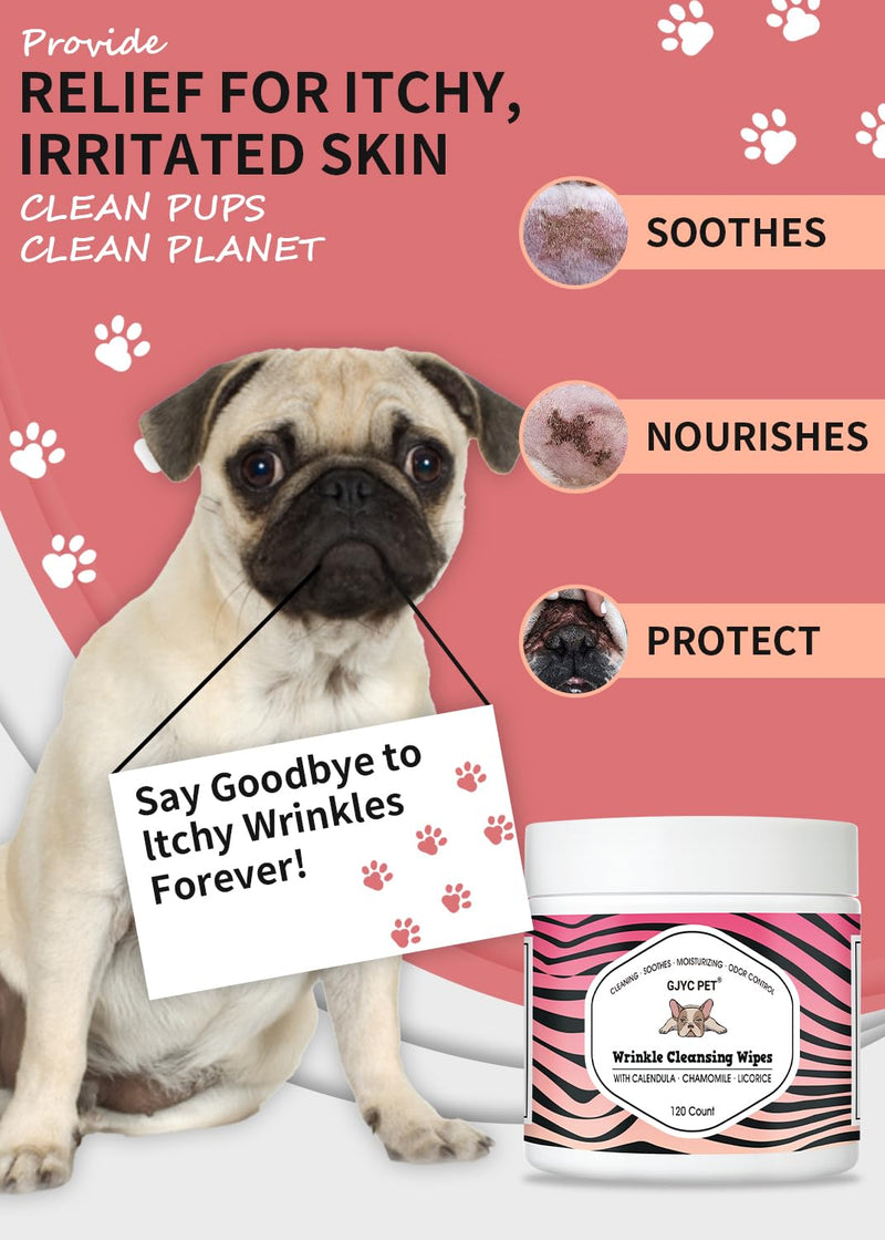 Natural Wrinkle Wipes for Dogs, 120 Count, Hypoallergenic Dog Wipes, Wrinkle Wipes French Bulldog, Cleaning & Deodorizing, Dog Wipes for Grooming Faces,Tear Stain,Paws & Butts