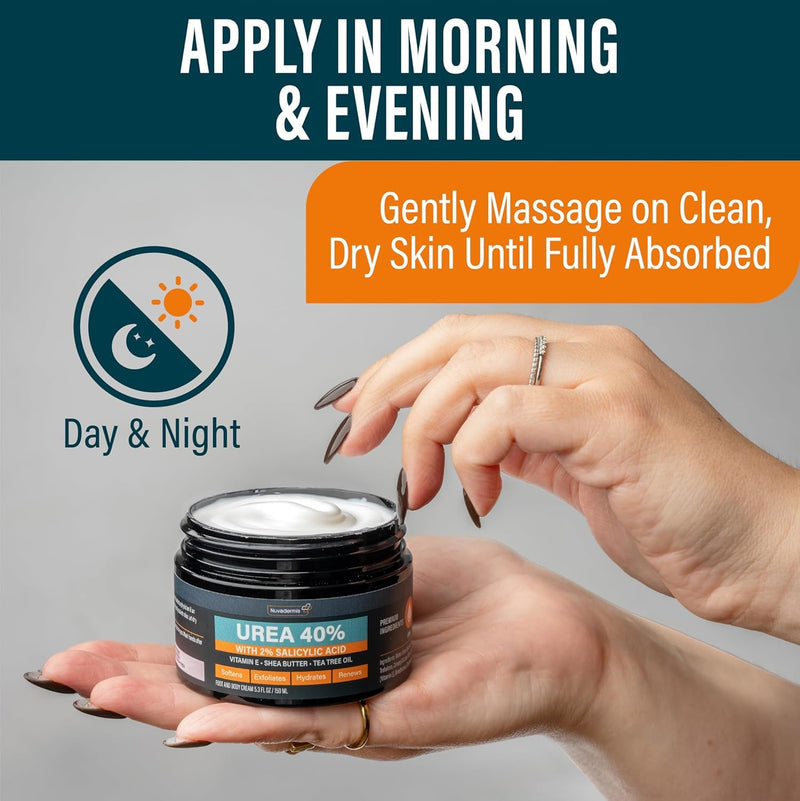 NUVADERMIS 40% Urea Cream - Full Body Moisturizing Cream for Extremely Dry Skin - Maximum Strength Urea Cream with 40 Percent Urea for Feet, Hands, Elbows & Body - Urea + Salicylic Acid – 5.3 fl oz Regular - 1 Pack