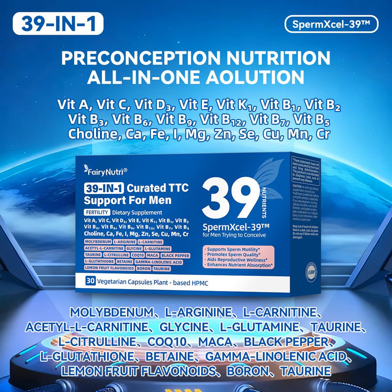 SpermXcel-39™ for Men Trying to Conceive | 39-in-1 Fertility Support | Maca · L-Carnitine · L-Arginine & CoQ10 · Vitamins & minerals | Supports Sperm Motility & Quality | 30 Vegetarian Capsules