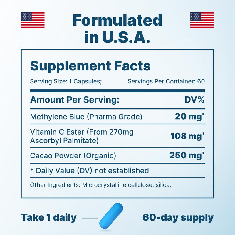 Ultimate Methylene Blue Pharmaceutical Grade 20mg (USP) Methylene Blue Capsules for Humans | Memory Supplement and Brain Booster Supplement | Focus Fuel and Memory Vitamins Energy Pills | 60 Servings 1
