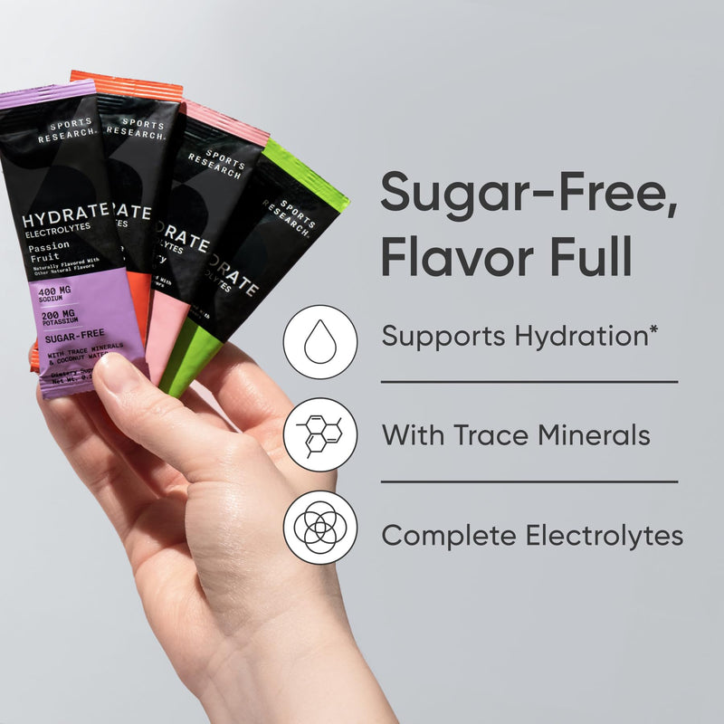 Sports Research® Hydrate Electrolytes, 32 Variety Packets | Sugar-Free Passion Fruit (4), Cherry Pom. (4), Lemon Lime (4), Raspberry Lemonade (4) w/ Vitamins, Minerals, & Coconut Water Variety Pack 5.63 Ounce (Pack of 1)