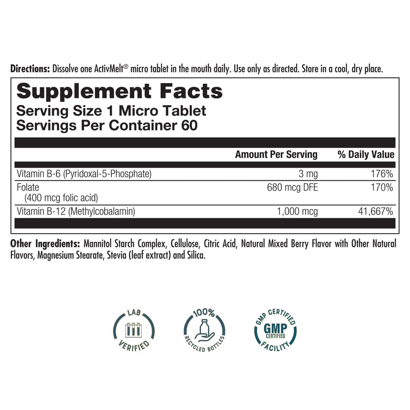 KAL Vitamin B-6, B-12 & Folic Acid Supplement, Heart Health, Energy & Red Blood Cell Support*, with Vitamin B12 Methylcobalamin & Folate, Natural Berry Flavor, 60 Servings, 60 ActivMelt Micro Tablets | Cellular Energy, Nerve & Red Blood Cell Support - ...