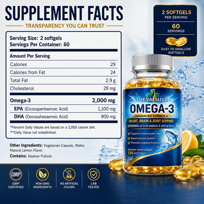 Premium Alaskan Fish Oil, Triple Strength Omega-3 2000mg (EPA 1100mg + DHA 900mg), Natural Supplement for Healthy Heart & Brain & Mobility Support, 2 Month Supply, 120 Veggie Softgels