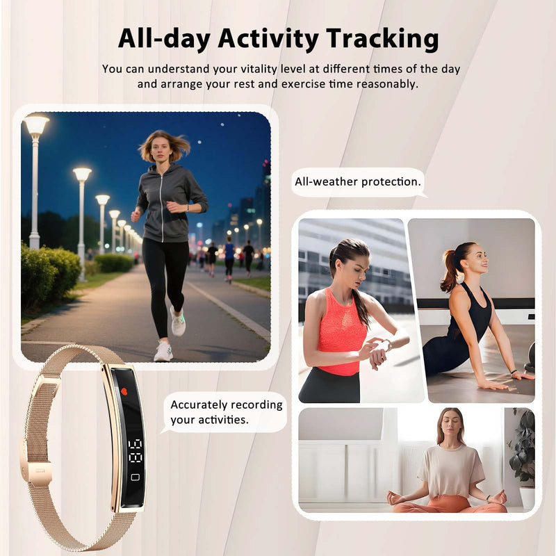 Smart Bracelet for Men Women with 2 Bands 24/7 Fitness Health Tracker Gold Steel + Black Silicone