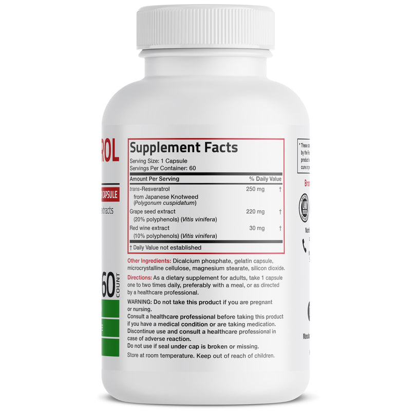 Bronson Resveratrol Complex 500 mg with Grape Seed & Red Wine, 60 Capsules | trans-Resveratrol from Japanese Knotweed, Healthy Aging & Cellular Support, Non-GMO, Gluten-Free & Soy-Free 60 Count (Pack of 1)