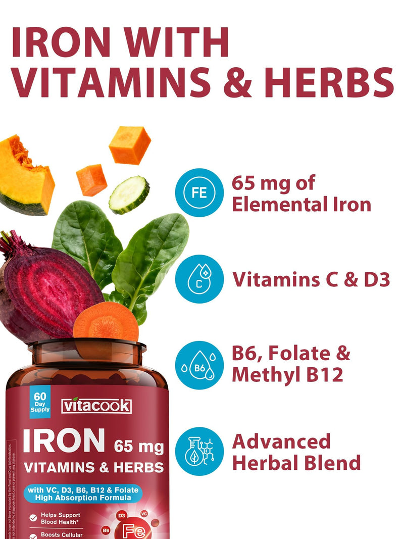 Iron Supplement 65mg, Blood Building & Energy Support, 60 Tablets | with Vitamin C, D3, B6, B12 & Folate, Spinach, Broccoli, Beet Root, Pumpkin Seeds, Dandelion & Carrots 60 Count (Pack of 1)
