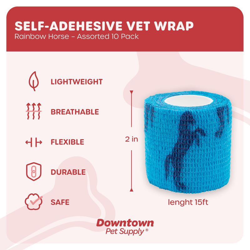 Cohesive Vet Wrap for Dogs, Self Adhesive Bandages in Bulk, Pet Cat Wound Care, Gauss Bandage for Horses by Downtown Pet Supply (Rainbow Horse, 10 Pack) Rainbow Horse - BeesActive Australia