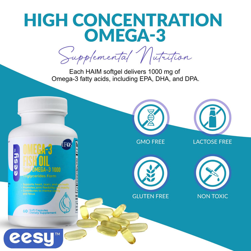 EESY Omega-3 Fish Oil Supplement, Supports Heart, Brain & Eye Health, Promotes Joint Mobility, EPA & DHA in Natural Triglyceride (TG) Form, 60 Soft Capsules, Dietary Supplement, Fatty Acid, USA Made