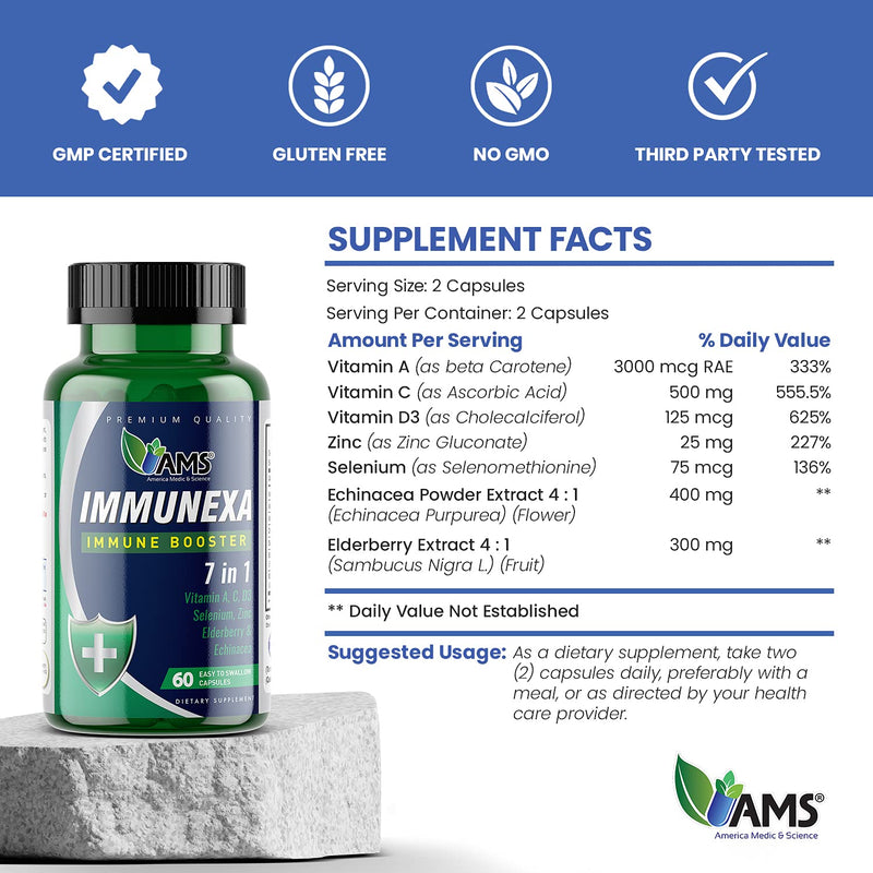 America Medic & Science Immunexa 7 in 1 Immune Support Booster (60 Capsules) with Vitamin A, C, D, Zinc, Echinacea, Elderberry | Adults Immunity Boosting Supplement | Natural, Non-GMO & Gluten-Free 1 Count (Pack of 60)