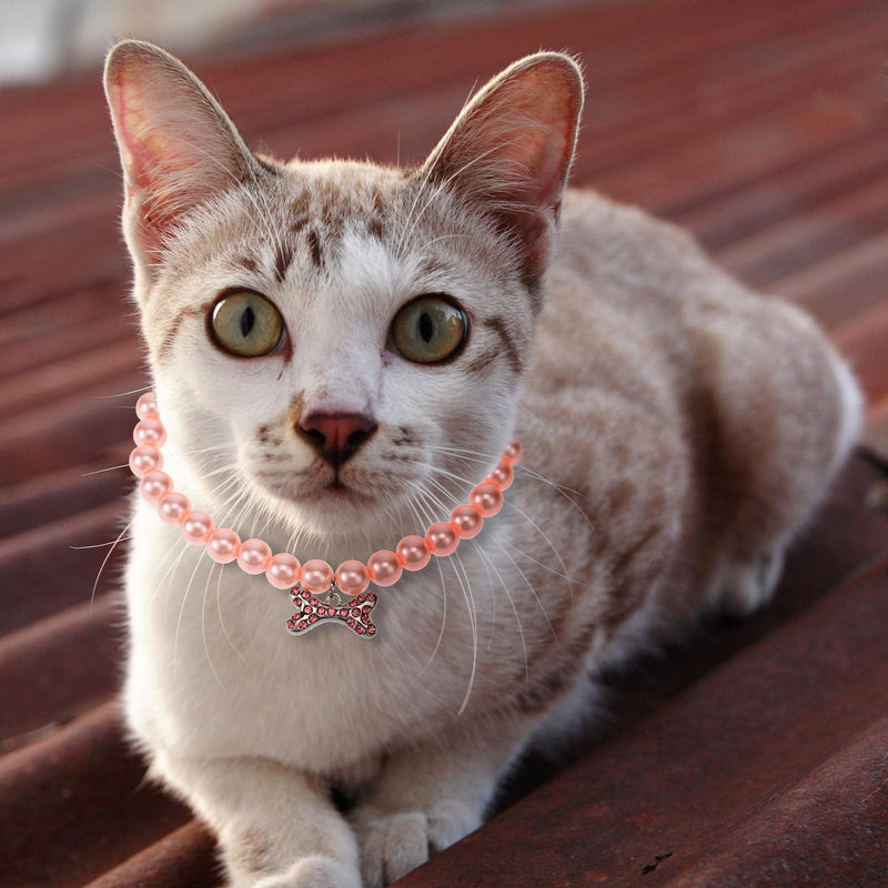 Small Dog Cat Pearl Collars and Pearl Necklace Set Fancy Cat Wedding Collar Jewelry with Bling Rhinestones for Girl Cat Puppy Dogs Kitten Party Wedding Birthday Accessories, Pink+white - BeesActive Australia