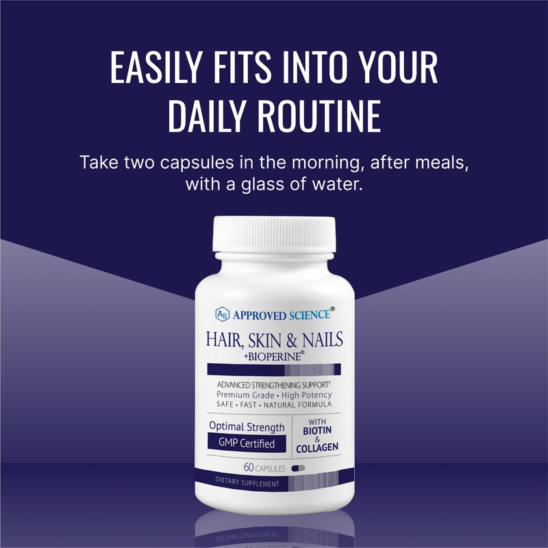 Approved Science Hair, Skin and Nails - Support Supplement - Biotin, Collagen, Vitamin B Complex, Silica, BioPerine - 60 Capsules - 1 Month Supply
