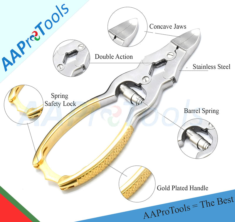 Mycotic Toe Nail Nipper Cutters Clippers Gold- Double Action Heavy Duty Spring Barrel Podiatry Professional Pedicuretool for Thick Nails, Ingrown Toenails, Seniors