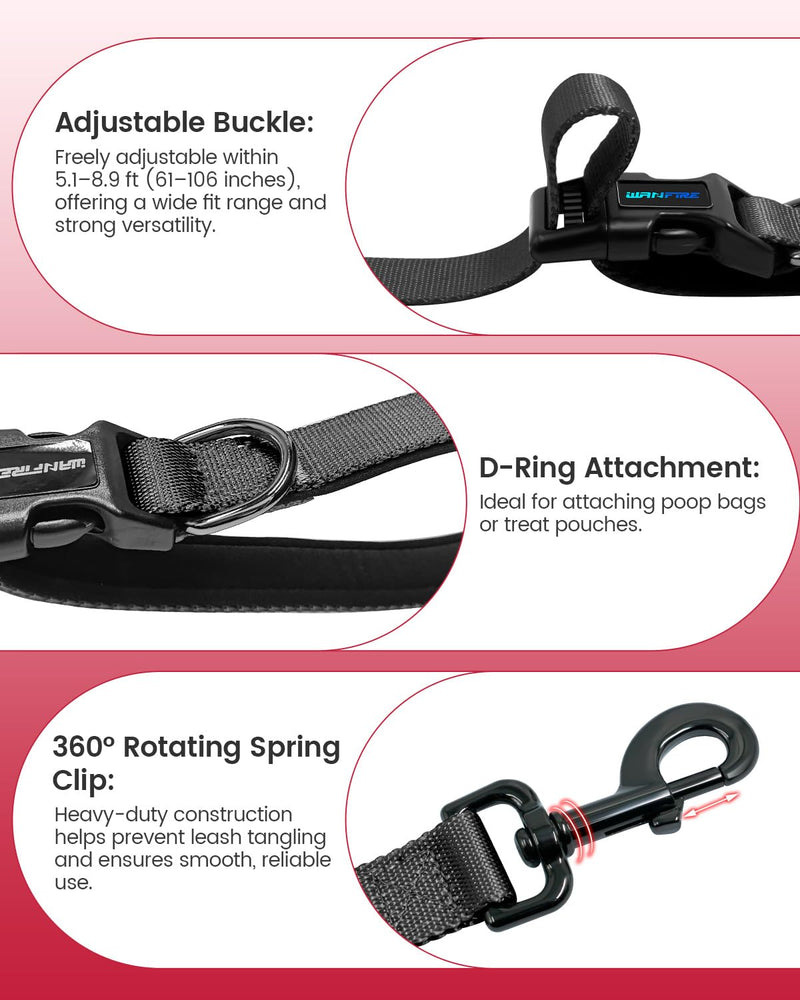 Hands Free Dog Leash, 5.1-8.9Ft Crossbody Long Leash, Waist Dog Belt for Small & Medium Dogs, City Walking & Running Outdoor Hiking &Travel etc. (Black) Black