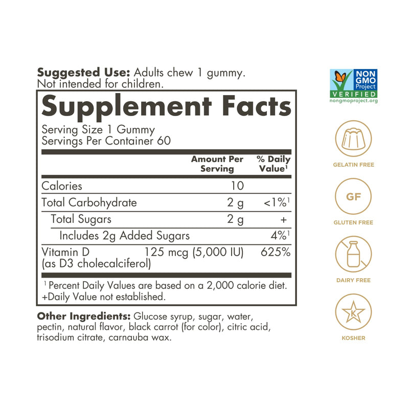 Solgar Vitamin D3 Gummies for Adults 5,000IU Ultra Potency, 60 Servings | Vitamin Immune System Support for Women & Men, Tasty Strawberry Flavor, Gluten & Gelatin Free Gummy, 2 Month Supply, 2g Sugar 60 Count (Pack of 1)