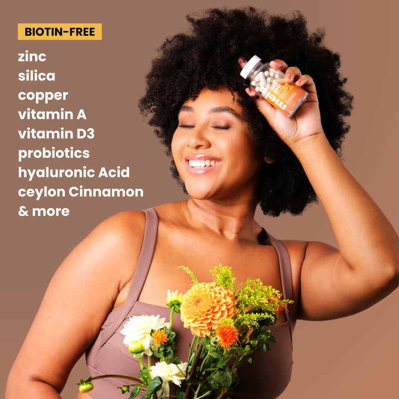 Mela Daily Glow for Healthy Melanin-Rich Skin & Textured Hair – with Silica, Millet, Pumpkin Seed, Probiotics, Hyaluronic Acid & Vitamin D3 – Vegan, Biotin-Free, Gluten & Soy-Free – 60 Count