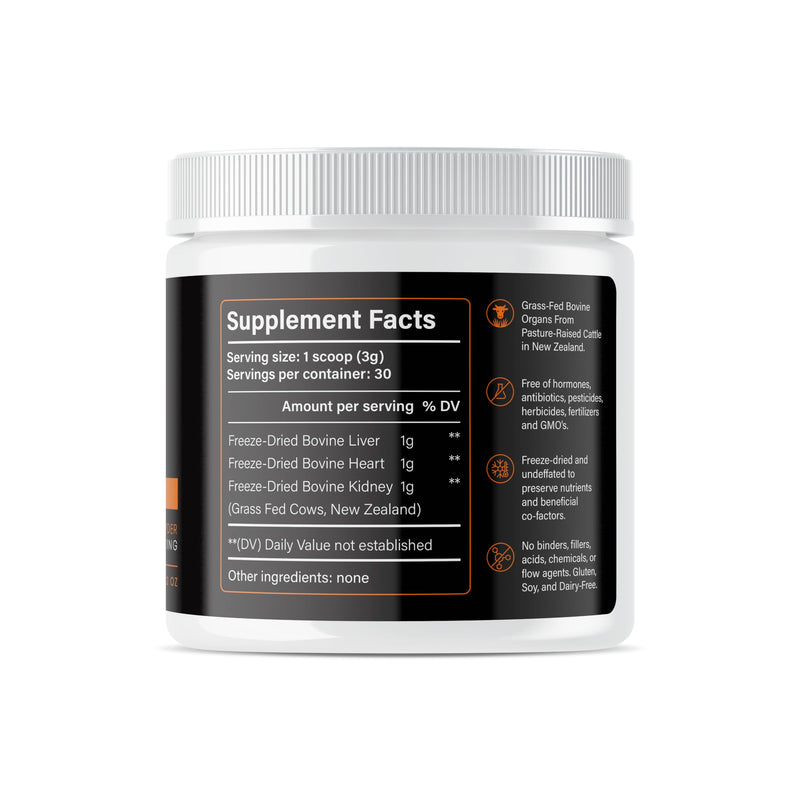 Bovine Organ Powder, Grass Fed Beef Organ Complex with Liver, Heart & Kidney, Primal Multivitamin Whole Food Supplement with Heme Iron, Vitamin A, B12, Folate, Selenium & Zinc, 90g