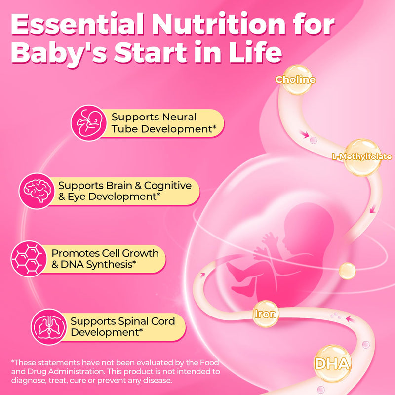 Prenatal Multivitamin Gummies w/ Methylfolate Omega-3, Iron Choline, 120Cts | Prenatal Vitamins for Women Gummies w/ Iodine, Biotin, B6 B12 D3 for Prenatal, Pregnancy, Postpartum,Vegan Non-GMO,Sugar Free 60 Count (Pack of 2)