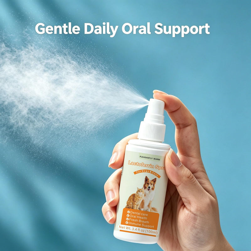 Lactoferrin Pet Oral Care Spray for Dogs & Cats, Natural Pet Breath Freshener with Colostrum, Taurine & Prebiotics, Gentle Daily Oral Support for All Breeds & Ages，100ml