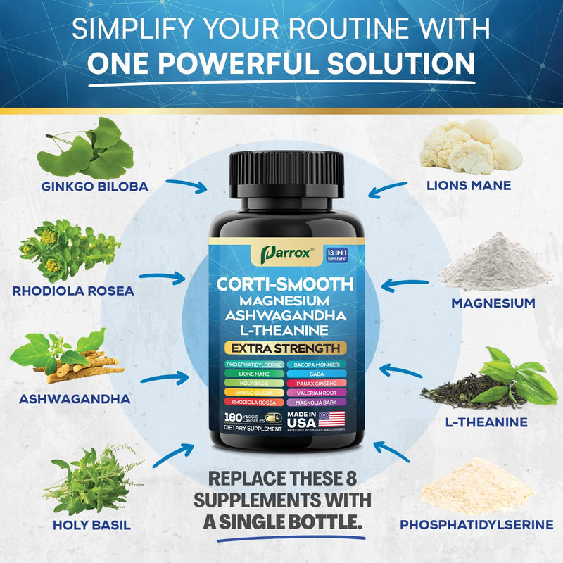 Cortisol Supplement, 11-in-1 Magnesium & Ashwagandha, Corti-Smooth, 180ct | Magnesium, L-Theanine, Ashwagandha, Magnolia Bark, Panax Ginseng, Bacopa, GABA, Lions Mane, Ginkgo Biloba 180 Count (Pack of 1)