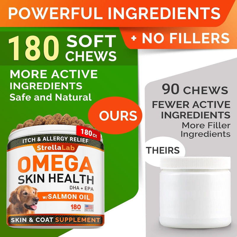 StrellaLab Omega 3 for Dogs - (180Ct) Fish Oil Treats - Allergy & Itch Relief Skin&Coat Supplement - Dry Itchy Skin, Shedding, Hot Spots Treatment, Anti Itch - Pet Salmon Oil Chews - Smoked Salmon - BeesActive Australia
