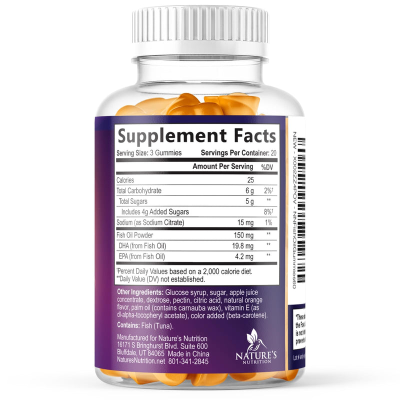 Omega 3 Fish Oil Gummies - 3X Strength Heart Health Support, High Absorption Omega 3 Fish Oil Gummy Supplement with DHA & EPA, Joint & Brain Support for Adults, Delicious Orange Flavor- 60 Gummies 60 Count (Pack of 1)