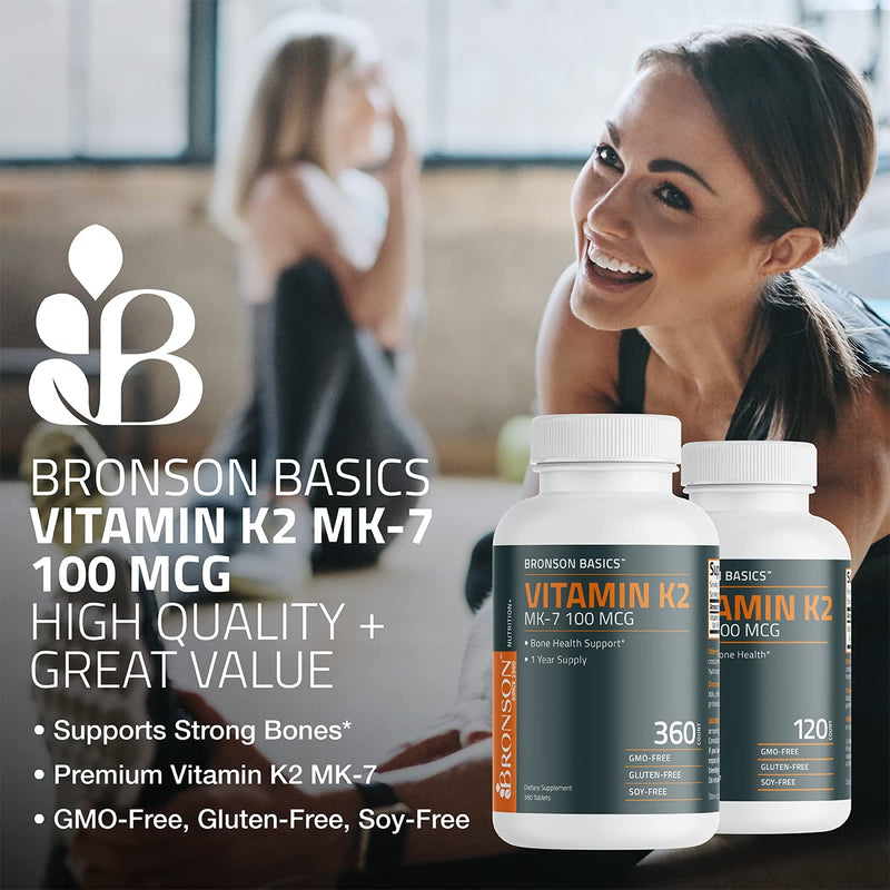 Bronson Vitamin K2 MK-7 100 MCG, K2 as MK7 Menaquinone, Bone Support Non-GMO, 120 Tablets Unflavored 120 Count (Pack of 1) - BeesActive Australia