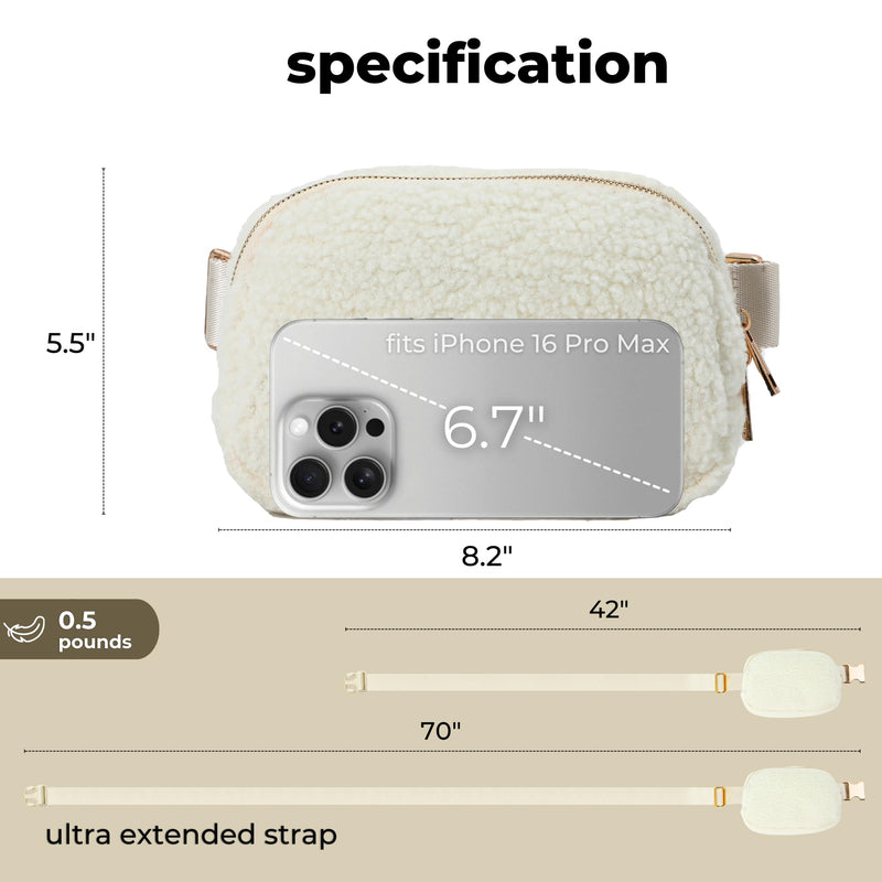 FORZAROCKET Plus Size Sherpa Fanny Pack | XL Extended Strap 70" | Gold Hardware | Women Fleece Crossbody Belt Bag White Cream Sherpa