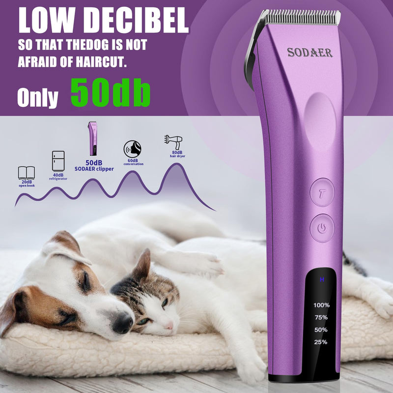 Professional Animal Pet Dog Cat and Horse Cordless Hair Clipper Grooming Kit with 5 in 1 Blade Low Noise & High Power Rechargeable Cordless Pet Grooming Clipper for Thick Heavy Coats -Purple Purple - BeesActive Australia